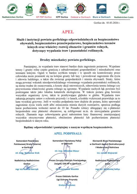 Apel służb powiatu gorlickiego dotyczący niewypalania traw